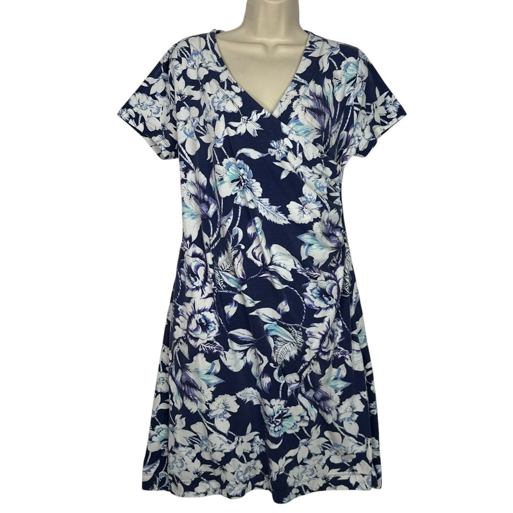 Soft Surroundings Floral Faux Wrap Dress‎ Women Petite M Navy Blue Stretch Midi